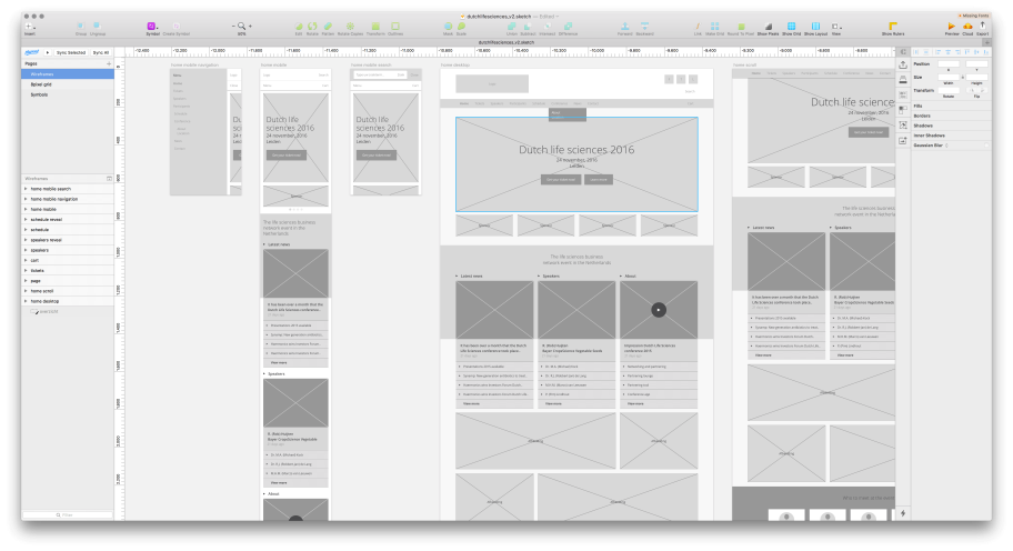 Wireframes van de evenementen website