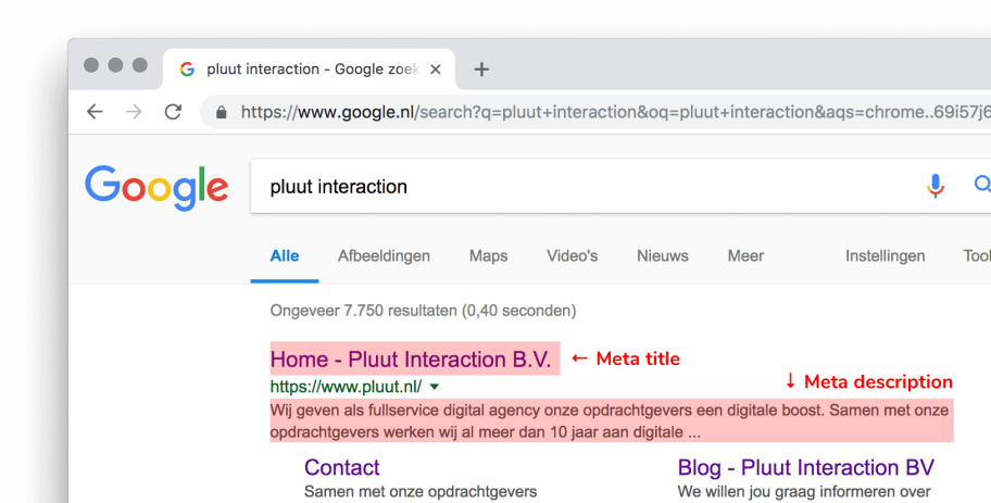 Voorbeeld van een meta title en meta description weergave in Google