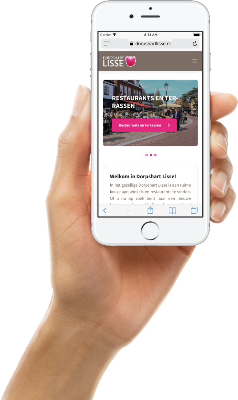 Weergave mobiel van winkelcentrum website Dorpshart Lisse