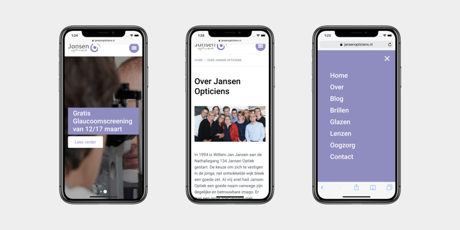 Mobiele weergave van de website van de opticien uit Zoetermeer