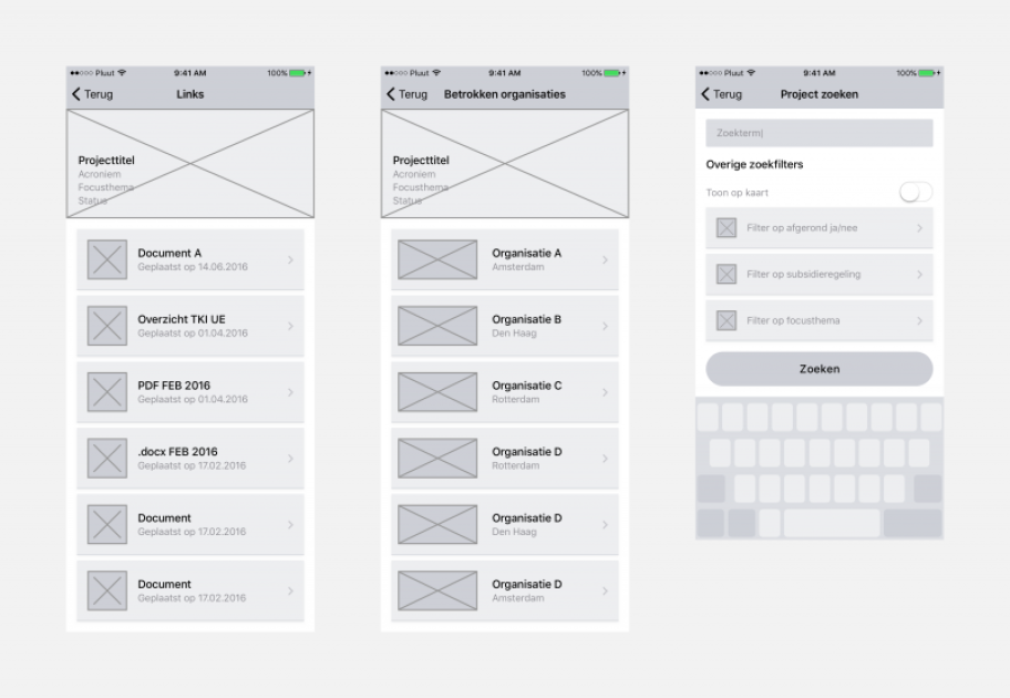 Wireframes van de RVO apps